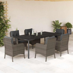 7 Pcs conjunto de jantar p/ jardim c/ almofadões vime PE cinza