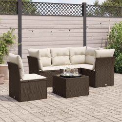 6 Pcs conjunto de sofás jardim c/ almofadões vime PE castanho