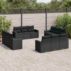 12 Pcs conjunto de sofás de jardim c/ almofadões vime PE preto