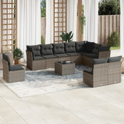 11 Pcs conjunto sofás de jardim c/ almofadões vime PE cinzento