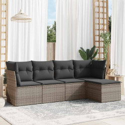 5 Pcs conjunto sofás de jardim c/ almofadões vime PE cinzento