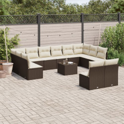 13 Pcs conjunto sofás p/ jardim c/ almofadões vime PE castanho