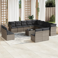 14 Pcs conjunto sofás p/ jardim c/ almofadões vime PE cinzento