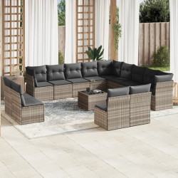 14 Pcs conj. sofás jardim com almofadões vime PE cinzento-claro