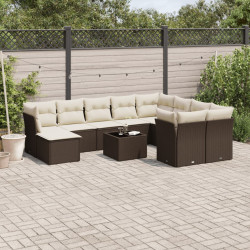 11 Pcs conjunto sofás de jardim c/ almofadões vime PE castanho