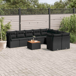 10 Pcs conjunto sofás de jardim c/ almofadões vime PE preto
