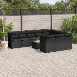 11 Pcs conjunto sofás de jardim c/ almofadões vime PE preto
