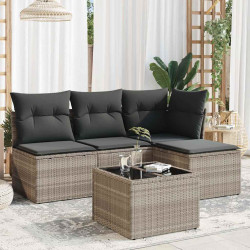 5 Pcs conj. sofás jardim c/ almofadões vime PE cinzento-claro
