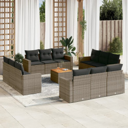 13 Pcs conjunto sofás p/ jardim c/ almofadões vime PE cinzento