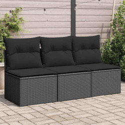 Sofá de jardim com almofadas, 3 lugares, vime sintético preto