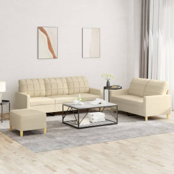 3 Pcs conjunto de sofás com almofadões tecido cor creme