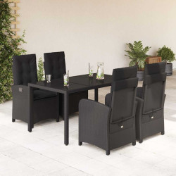 5 Pcs conjunto de jantar p/ jardim c/ almofadões vime PE preto