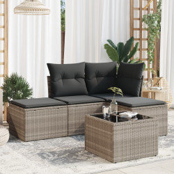 5 Pcs conj. sofás jardim c/ almofadões vime PE cinzento-claro