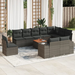 11 Pcs conjunto sofás de jardim c/ almofadões vime PE cinzento