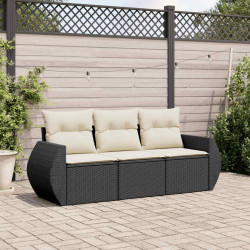 3 Pcs conjunto sofás de jardim com almofadões vime PE preto