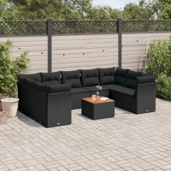10 Pcs conjunto sofás de jardim c/ almofadões vime PE preto