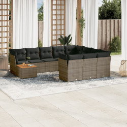 11 Pcs conjunto sofás de jardim c/ almofadões vime PE cinzento