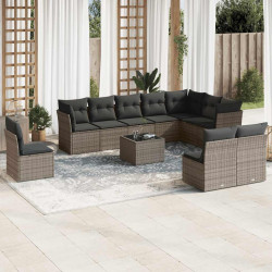 11 Pcs conjunto sofás de jardim c/ almofadões vime PE cinzento