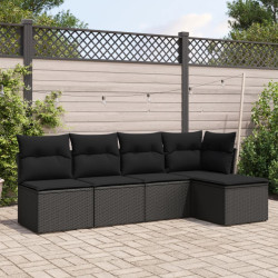 5 Pcs conjunto sofás de jardim com almofadões vime PE preto
