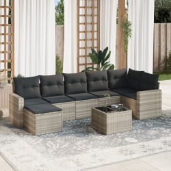 8 Pcs conj. sofás jardim c/ almofadões vime PE cinzento-claro