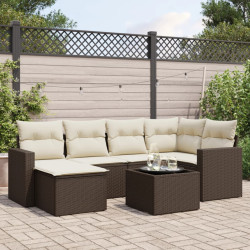 7 Pcs conjunto de sofás jardim c/ almofadões vime PE castanho