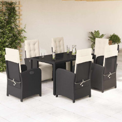 7 Pcs conjunto de jantar p/ jardim c/ almofadões vime PE preto