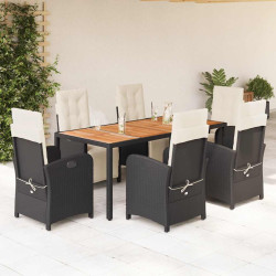 7 Pcs conjunto de jantar p/ jardim c/ almofadões vime PE preto