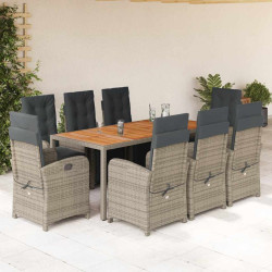 9 Pcs conjunto de jantar p/ jardim c/ almofadões vime PE cinza