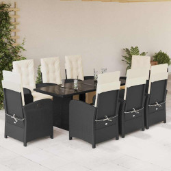 9 Pcs conjunto de jantar p/ jardim c/ almofadões vime PE preto