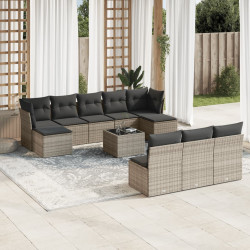11 Pcs conjunto sofás de jardim c/ almofadões vime PE cinzento