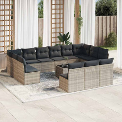 14 Pcs conj. sofás jardim com almofadões vime PE cinzento-claro