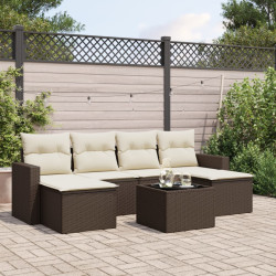 7 Pcs conjunto de sofás jardim c/ almofadões vime PE castanho