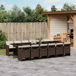 13 Pcs conjunto jantar p/ jardim c/ almofadões vime PE castanho