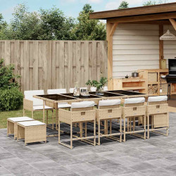 13 Pcs conjunto de jantar p/ jardim com almofadões vime PE bege