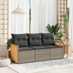 3 Pcs conjunto sofás de jardim c/ almofadões vime PE cinzento