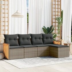 5 Pcs conjunto sofás de jardim c/ almofadões vime PE cinzento