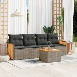 5 Pcs conjunto sofás de jardim c/ almofadões vime PE cinzento