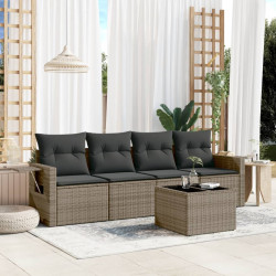 5 Pcs conjunto sofás de jardim c/ almofadões vime PE cinzento