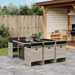 7 Pcs conj. jantar p/ jardim c/ almofadões vime PE cinza-claro
