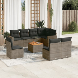 9 Pcs conjunto sofás p/ jardim com almofadões vime PE cinzento