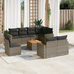 9 Pcs conjunto sofás p/ jardim com almofadões vime PE cinzento