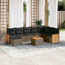9 Pcs conjunto sofás p/ jardim com almofadões vime PE cinzento