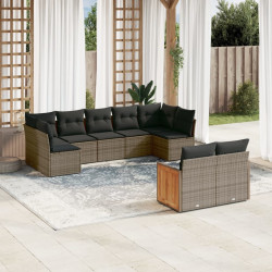 9 Pcs conjunto sofás p/ jardim com almofadões vime PE cinzento