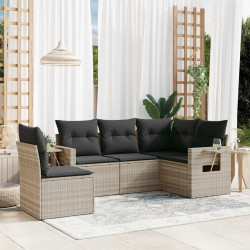 5 Pcs conj. sofás jardim c/ almofadões vime PE cinzento-claro