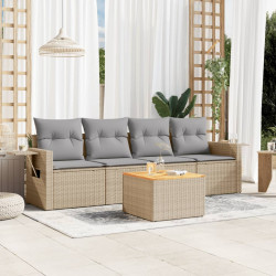 5 Pcs conj. sofás jardim c/ almofadões vime PE bege misturado