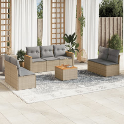 8 Pcs conjunto de sofás p/ jardim com almofadões vime PE bege
