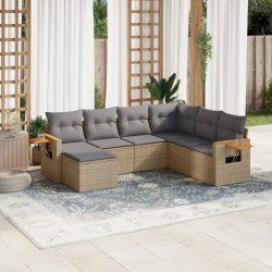 7 Pcs conjunto de sofás p/ jardim com almofadões vime PE bege