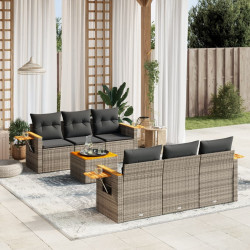7 Pcs conjunto sofás p/ jardim c/ almofadões vime PE cinzento