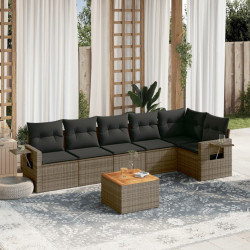 7 Pcs conjunto sofás p/ jardim c/ almofadões vime PE cinzento