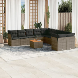 11 Pcs conjunto sofás de jardim c/ almofadões vime PE cinzento